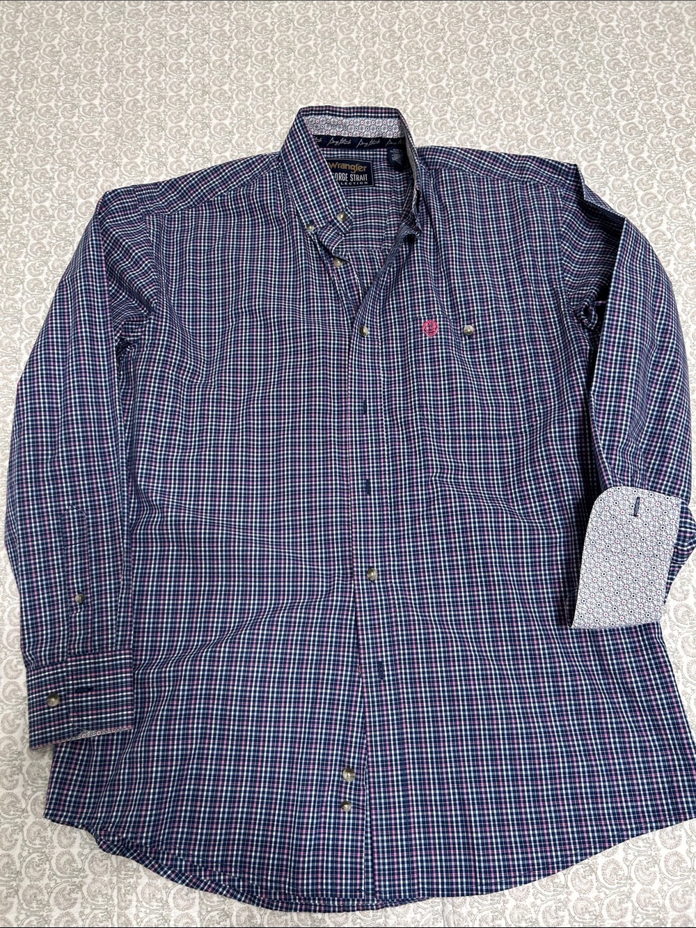 George Strait Collection Wrangler Men’s Blue & Pink Plaid Button-Down Shirt